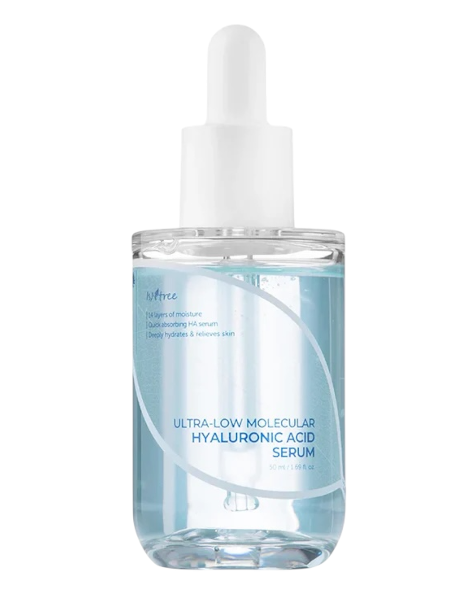 Flacon de sérum Isntree Ultra Low Molecular Hyaluronic, hydratant intensif à base d’acide hyaluronique pour une peau repulpée et éclatante.