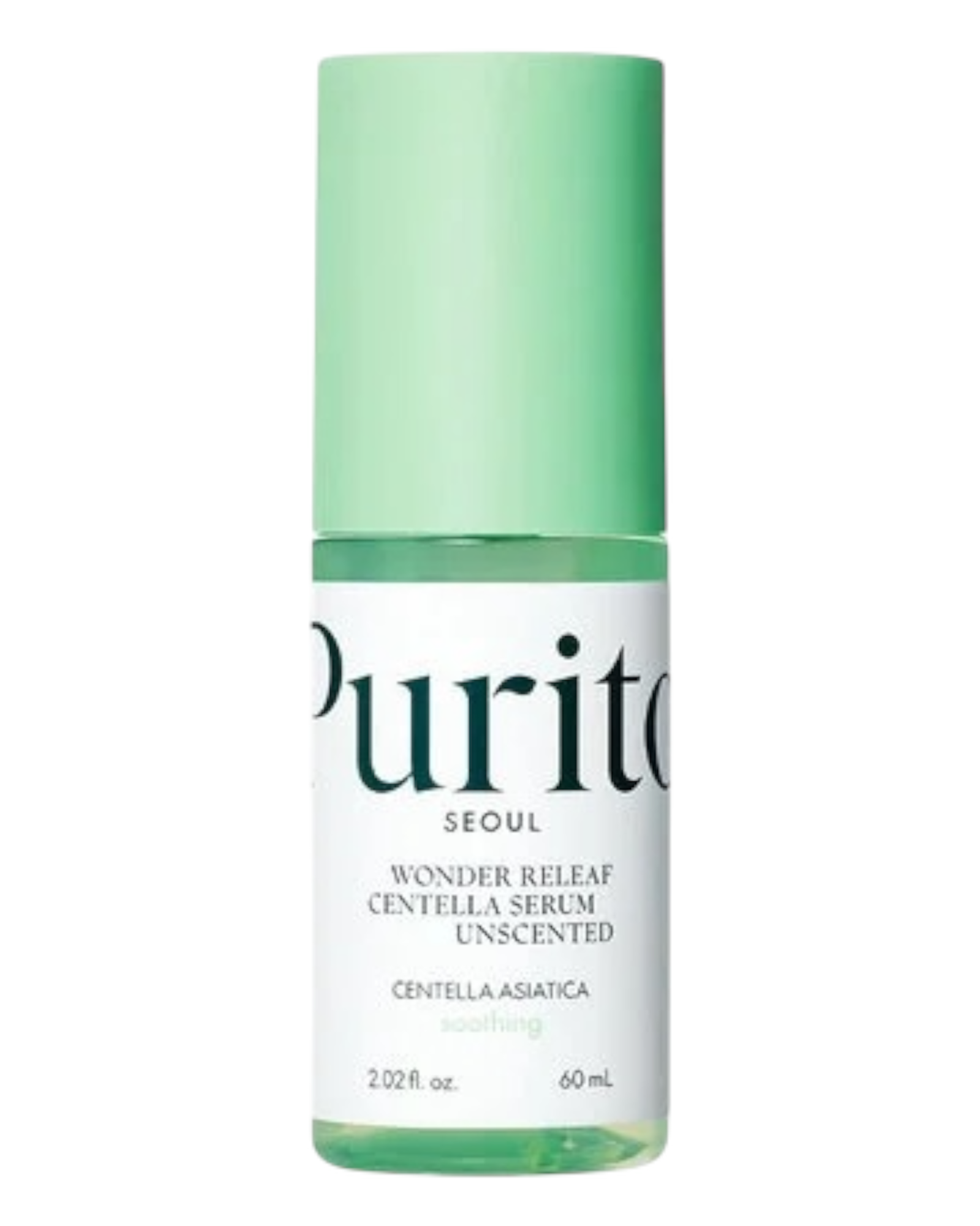 Flacon de sérum Purito Centella sans parfum, soin apaisant et hydratant pour peaux sensibles et irritées.